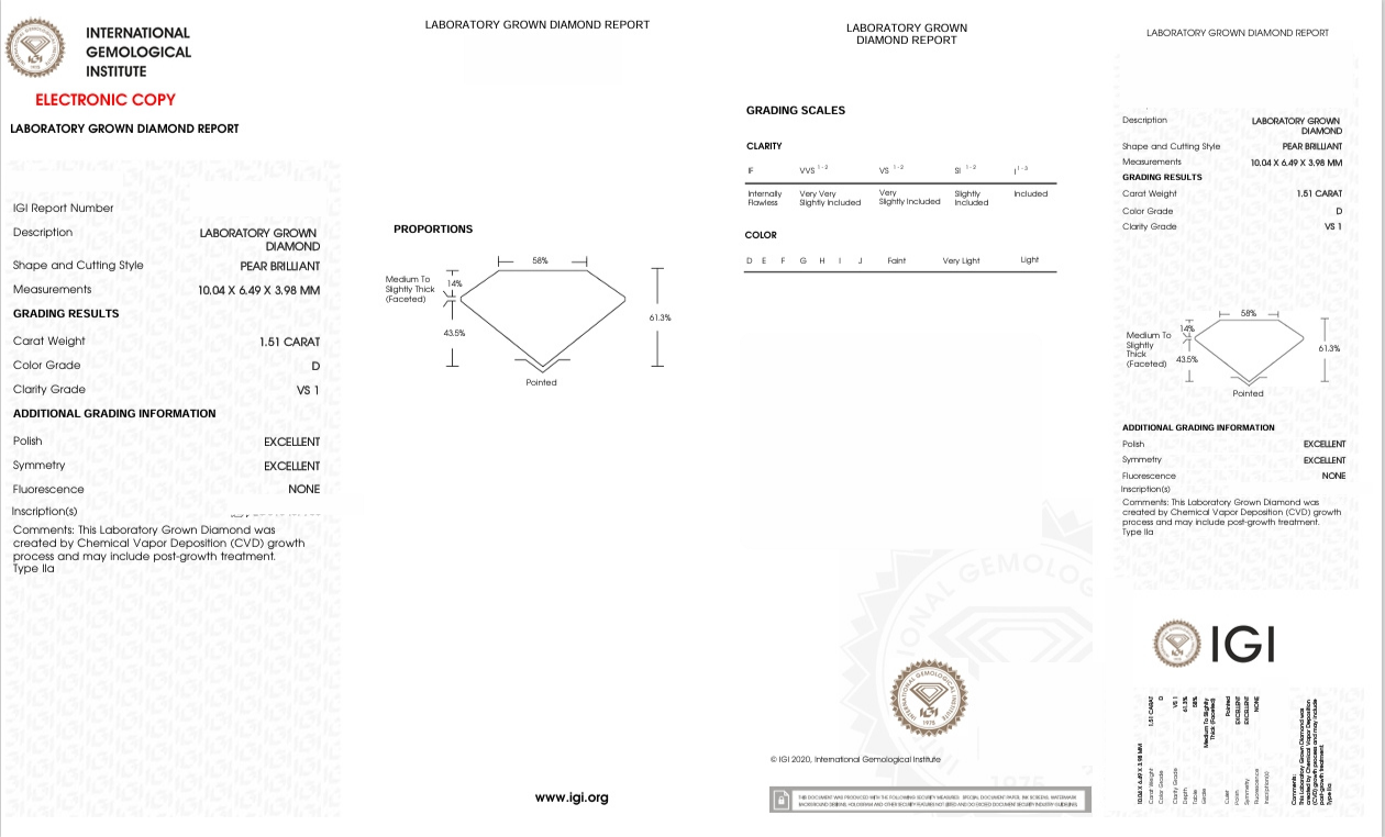 DPR107 - X-91-316 Pear diamond IGI Lab-Grown 1.51 Carat