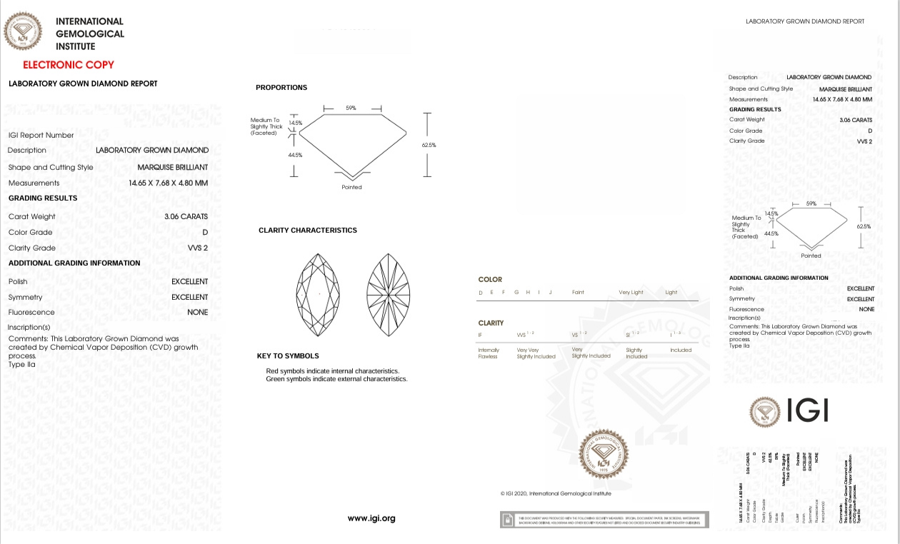 DME10 - X-113-079 Marquise Diamond IGI Lab-Grown 3.06 carat
