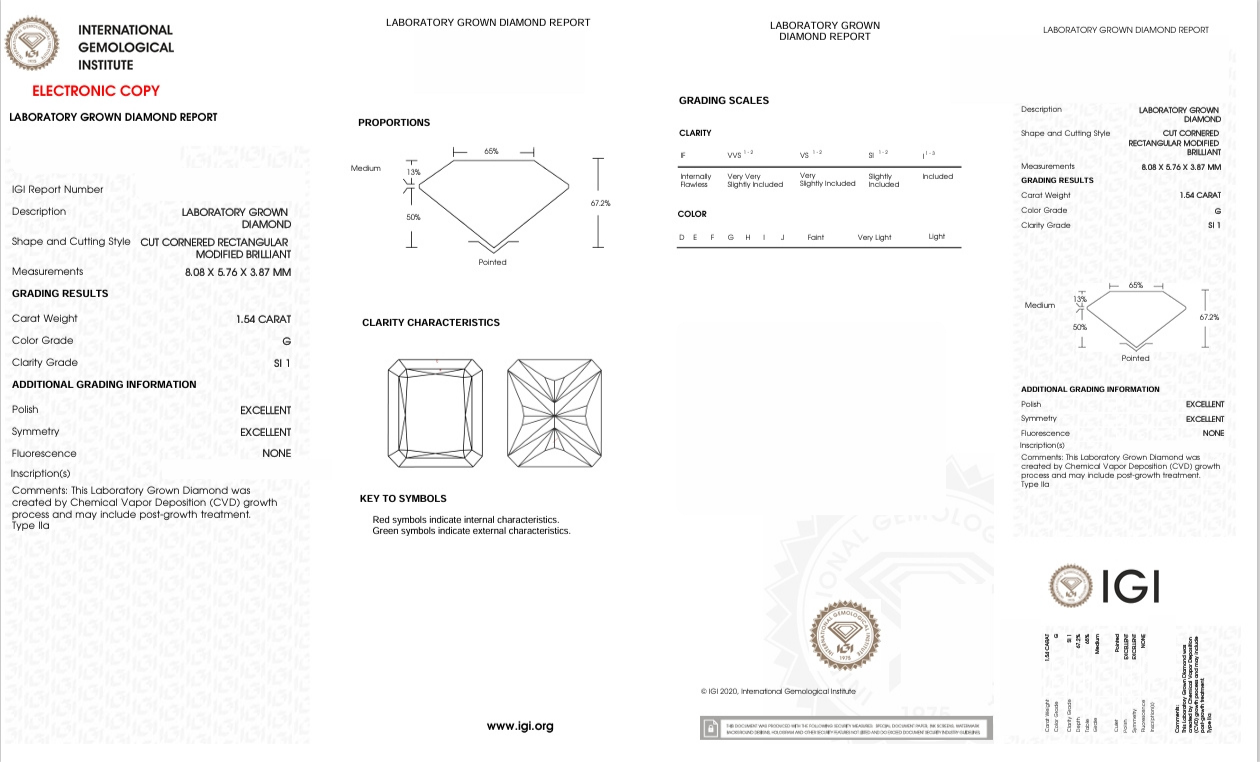 DRT112 - X-75-015 Radiant Diamond IGI Lab - Grown 1.54 Carat