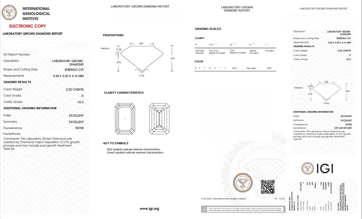 DE113 - X-80-168 Emerald Diamond IGI Lab - Grown 2.52 Carat