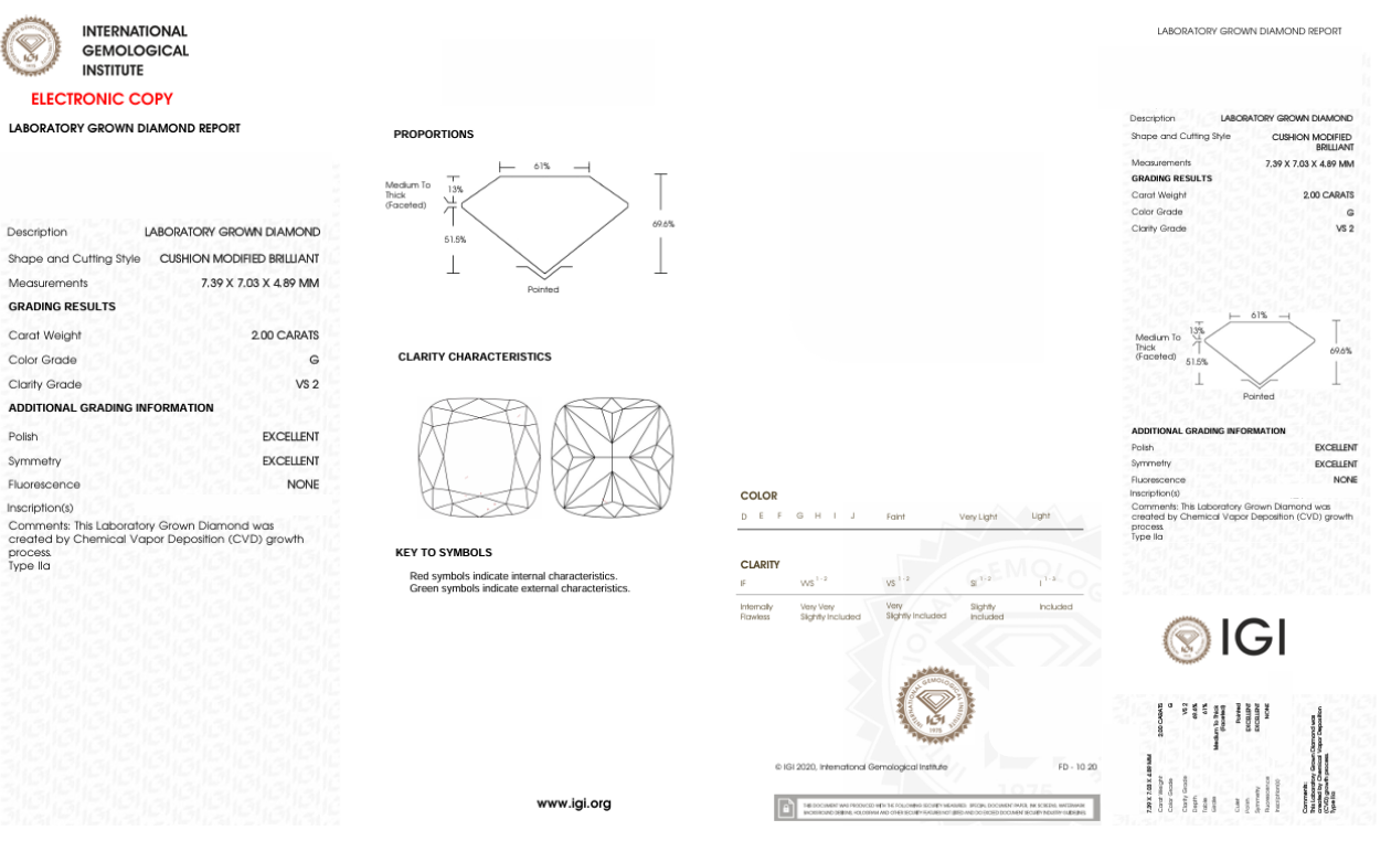 DCS124 - X-117-349 Cushion-S diamond IGI lab - Grown 2 Carat