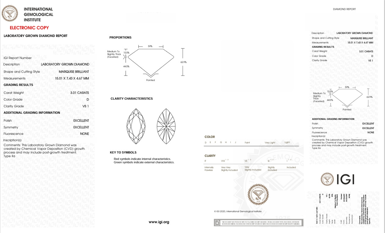 DME13 - 6640-J Marquise Diamond IGI Lab-Grown 3.01 carat