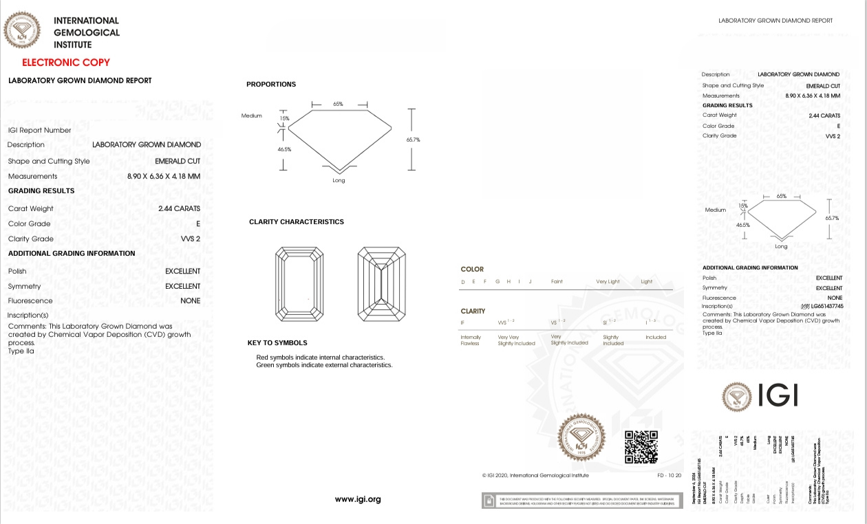 DE153 - X-112-163 Emerald Diamond IGI Lab - Grown 2.44 Carat