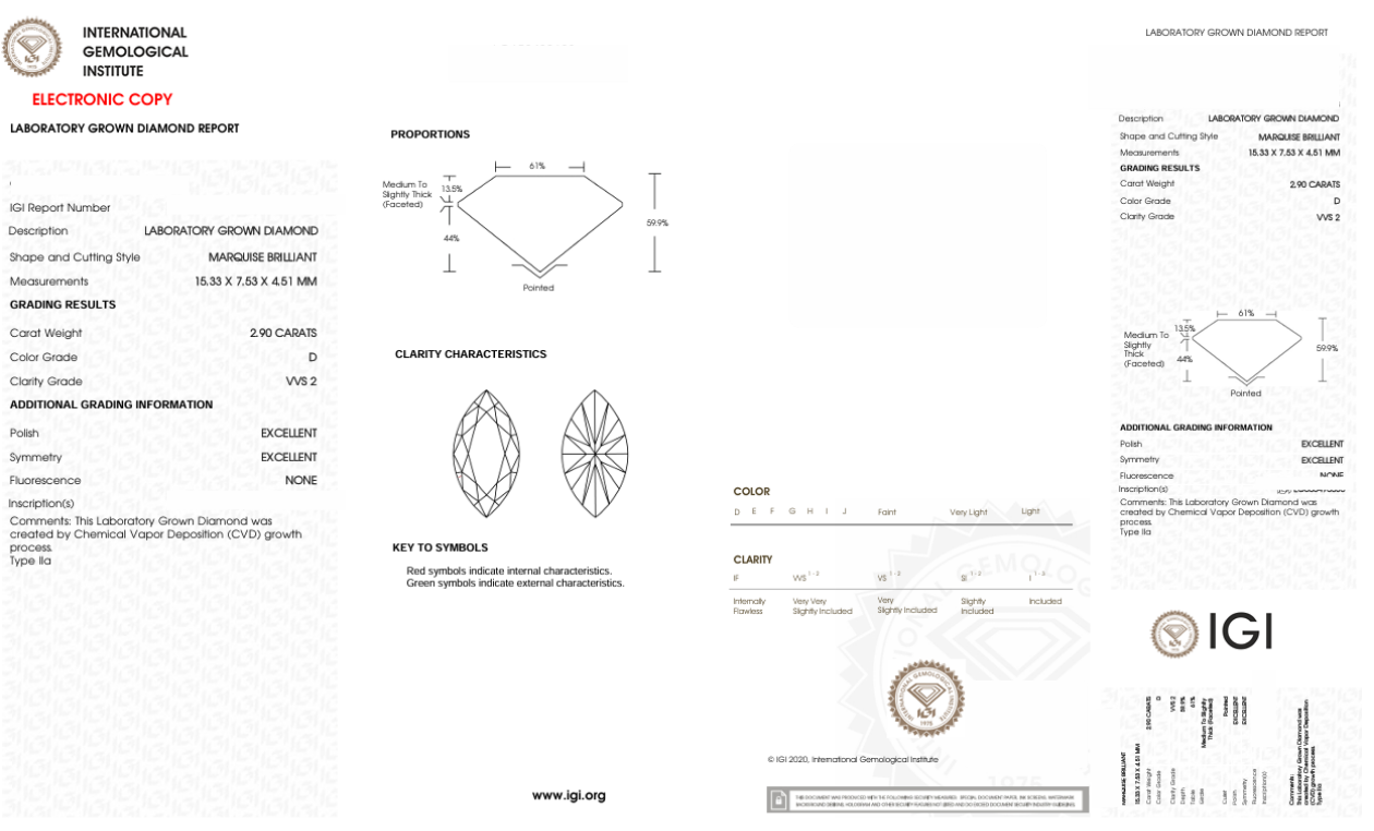 DME16 - 0688-J Marquise Diamond IGI Lab-Grown 2.9 carat