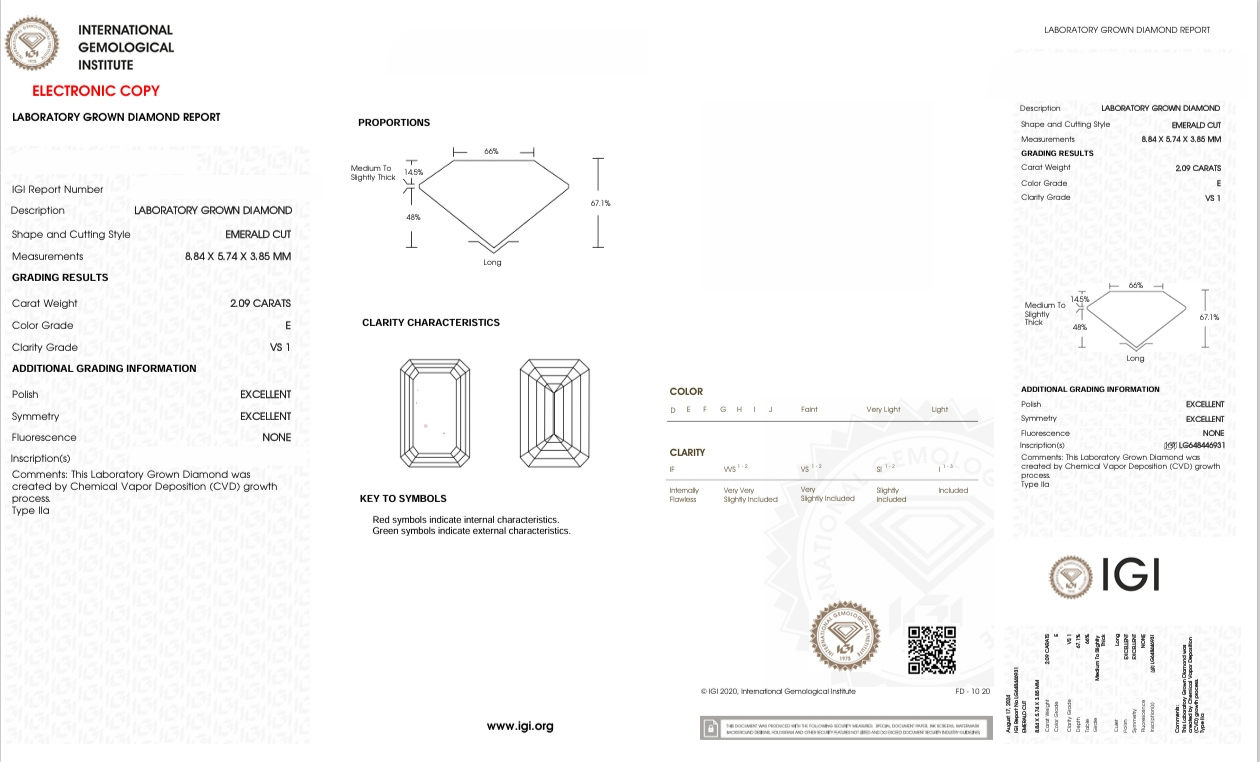DE182 - X-110-066 Emerald Diamond IGI Lab - Grown 2.09 Carat
