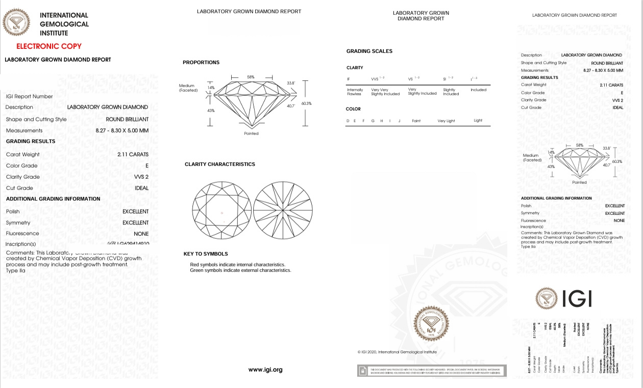 DR184 - X-108-593 Round Diamond IGI Lab-Grown 2.11 carat