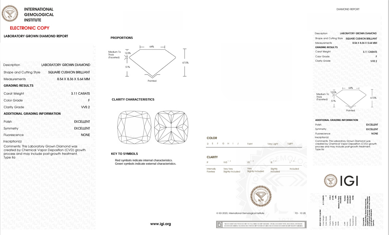 DCS18 - X-100-196 Cushion-S diamond IGI lab - Grown 3.11 Carat