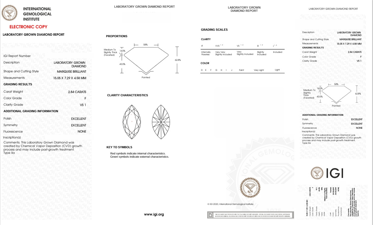 DME19 - 6158S-J Marquise Diamond IGI Lab-Grown 2.84 carat