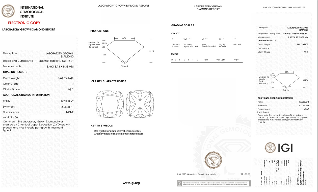 DCS20 - X-92-199 Cushion-S diamond IGI lab - Grown 3.08 Carat