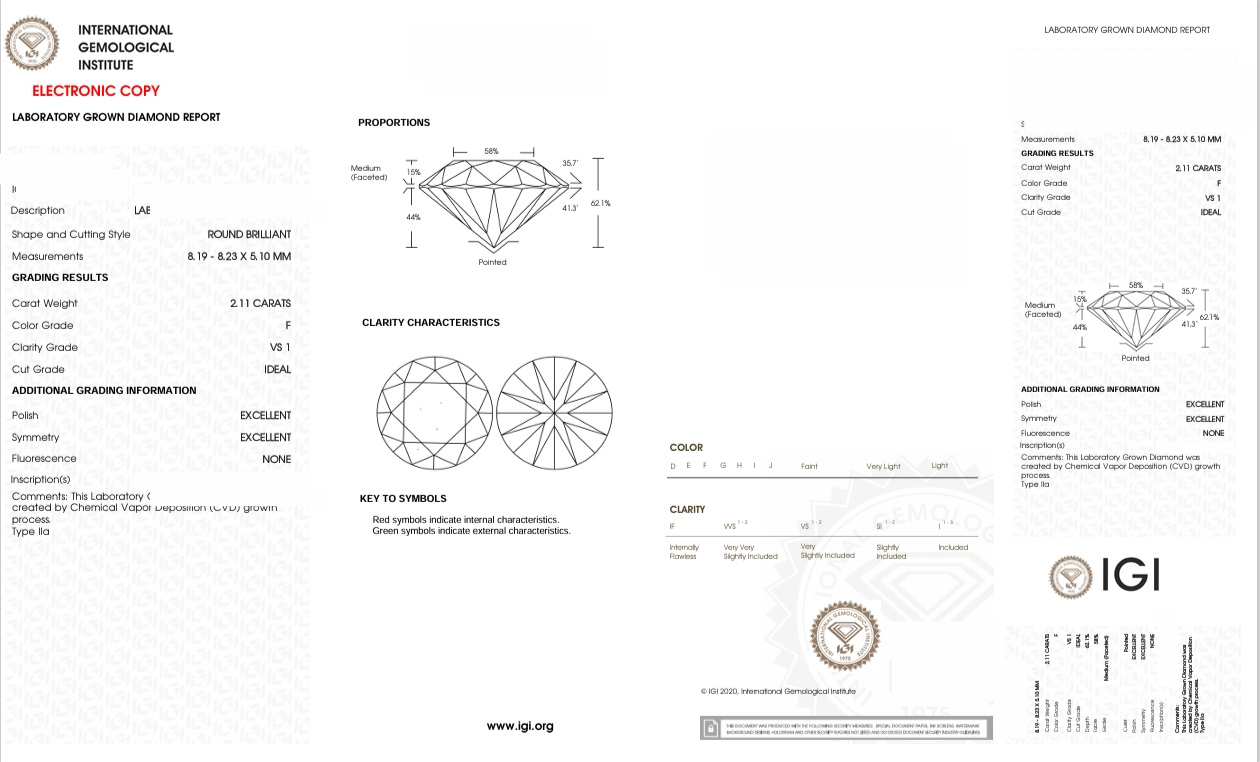 DR214 - 7435-J Round Diamond IGI Lab-Grown 2.11 carat