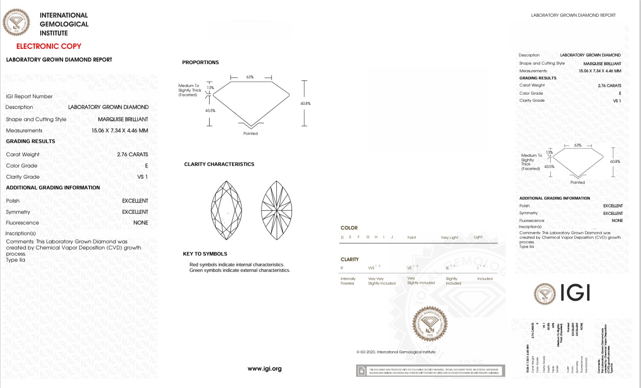 DME22 - 1268-J Marquise Diamond IGI Lab-Grown 2.76 carat