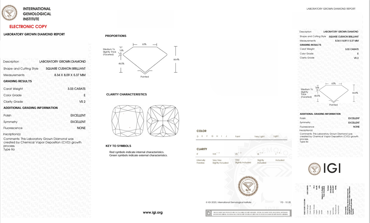DCS27 - X-113-468 Cushion-S diamond IGI lab - Grown 3.03 Carat