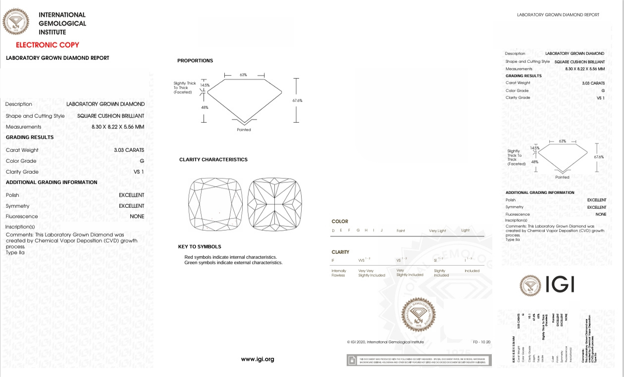 DCS30 - X-107-166 Cushion-S diamond IGI lab - Grown 3.03 Carat