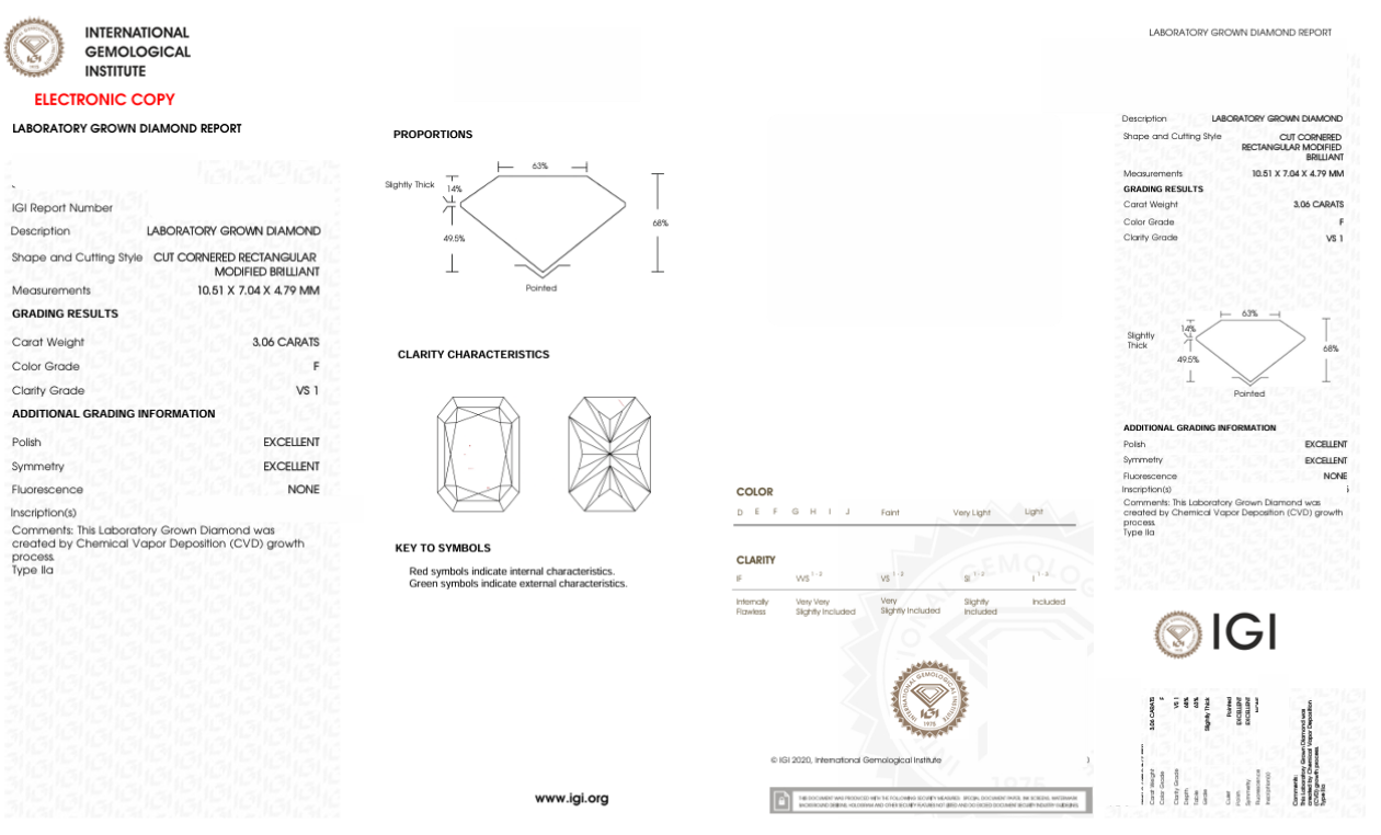DRT32 - X-107-303 Radiant Diamond IGI Lab - Grown 3.06 Carat