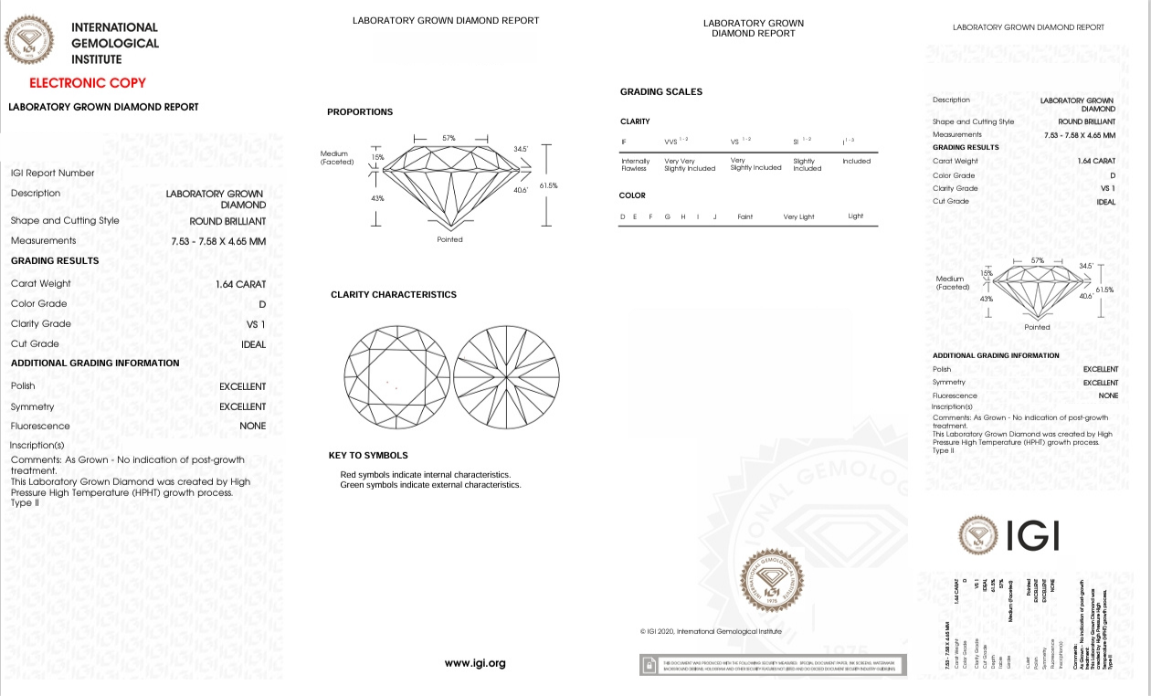 DR359 - X-87-005 Round Diamond IGI Lab-Grown 1.64 carat