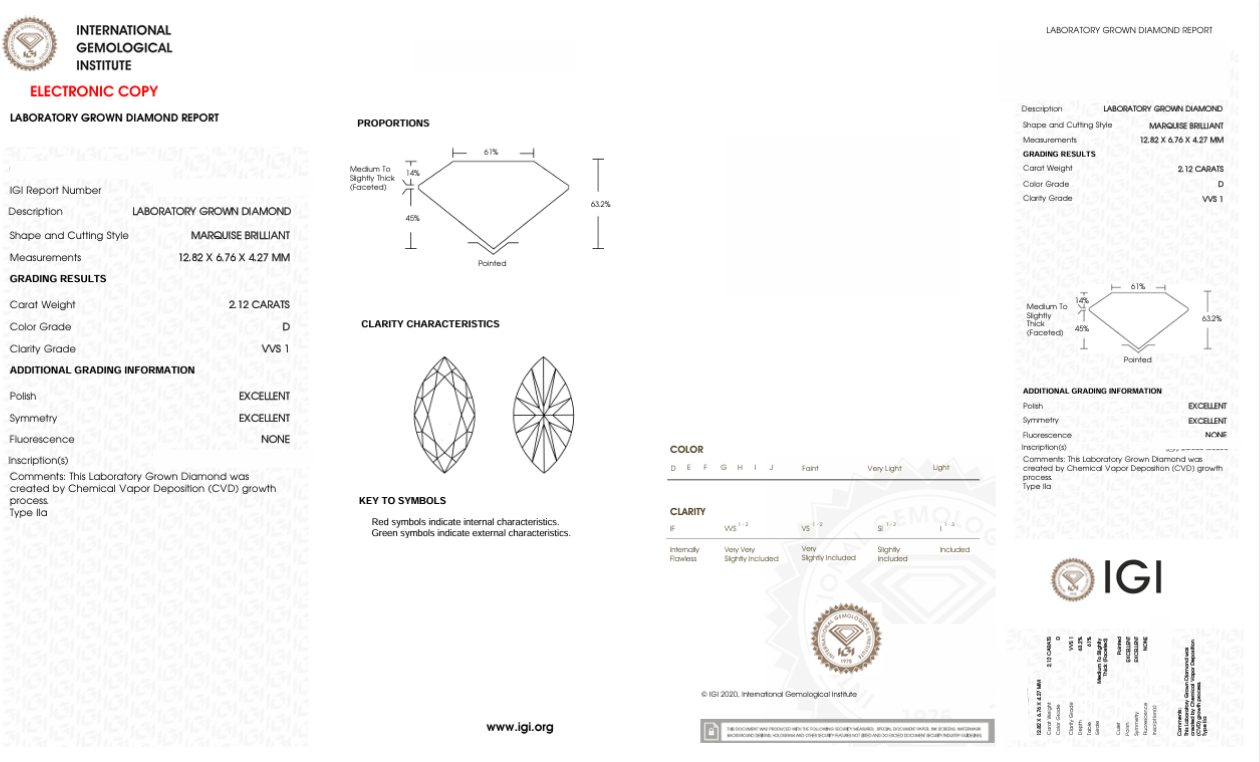 DME37 - 3580-J Marquise Diamond IGI Lab-Grown 2.12 carat