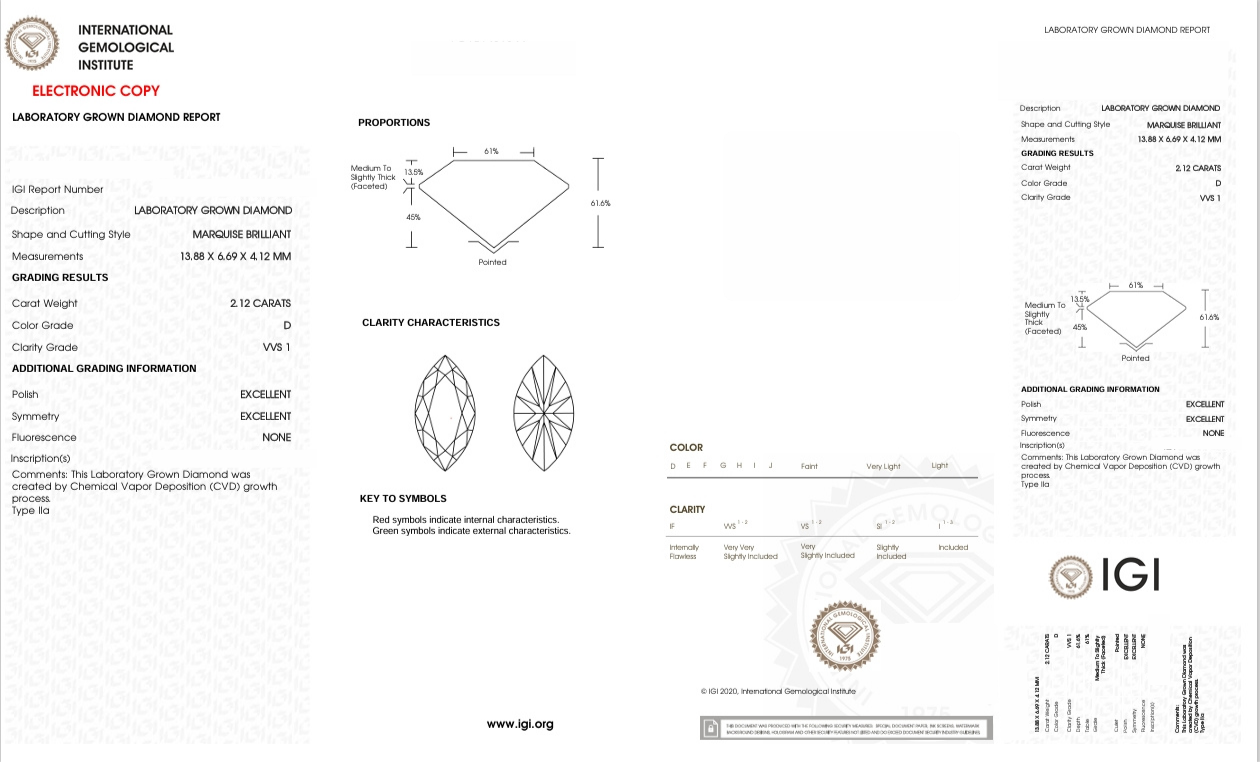 DME38 - 6344-J Marquise Diamond IGI Lab-Grown 2.12 carat