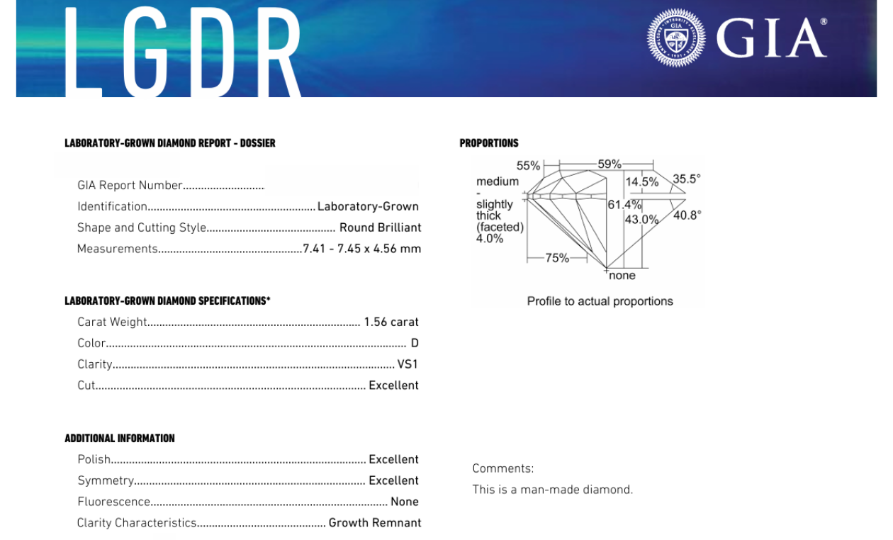DR407 - X-95-081 Round Diamond GIA Lab-Grown 1.56 carat