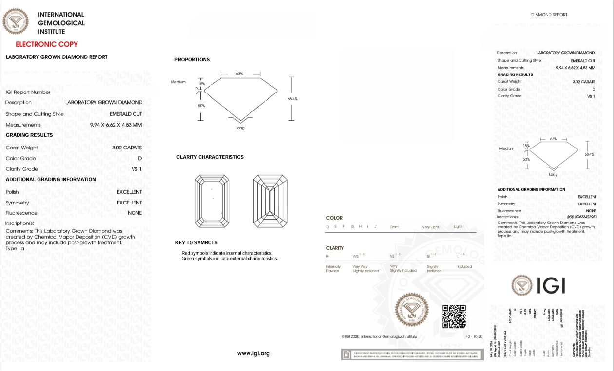 DE43 - X-98-258 Emerald Diamond IGI Lab - Grown 3.02 Carat
