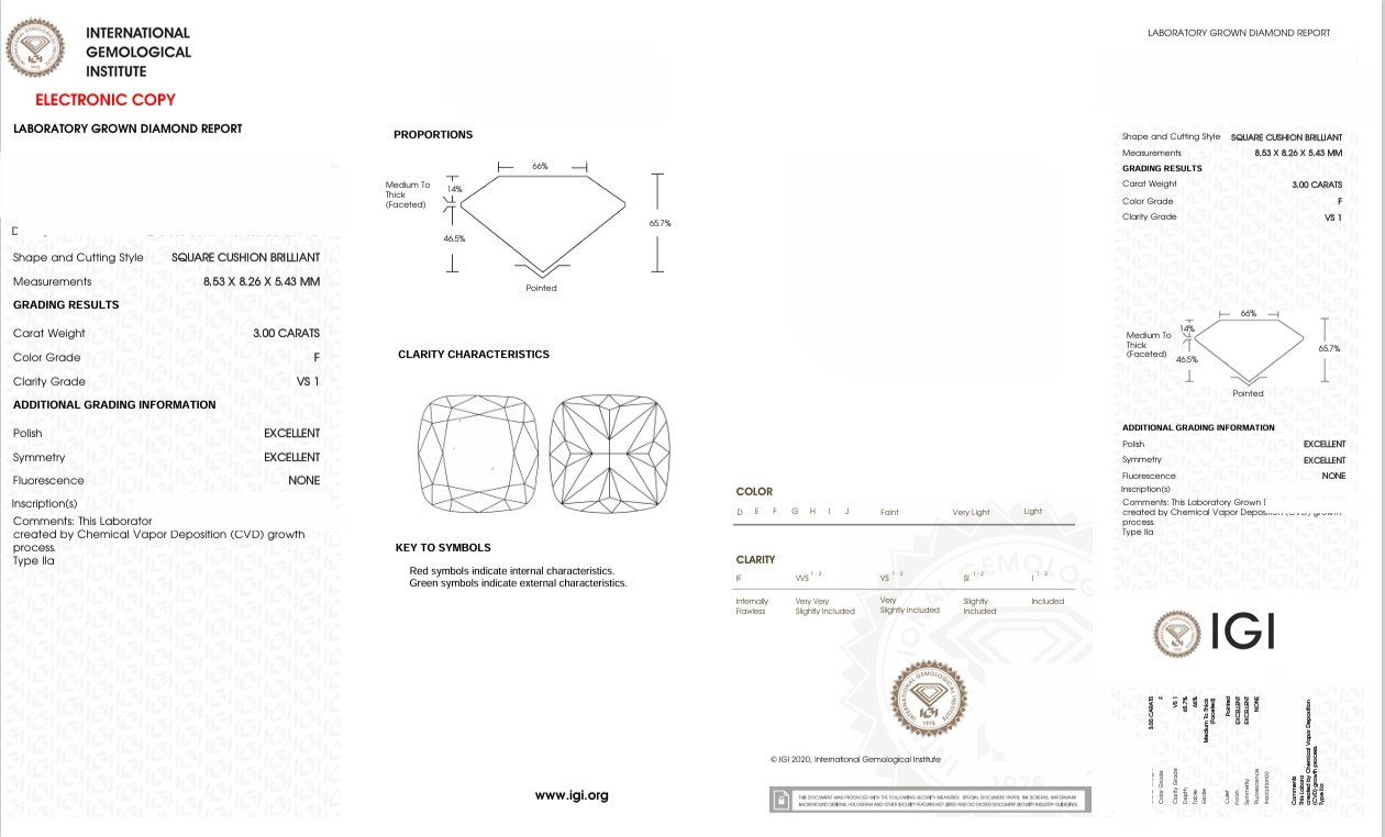DCS50 - X-115-511 Cushion-S diamond IGI lab - Grown 3 Carat