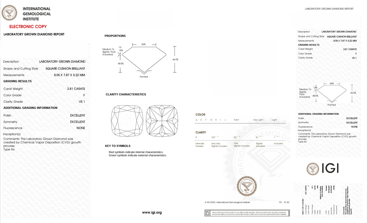 DCS56 - X-113-127 Cushion-S diamond IGI lab - Grown 2.81 Carat