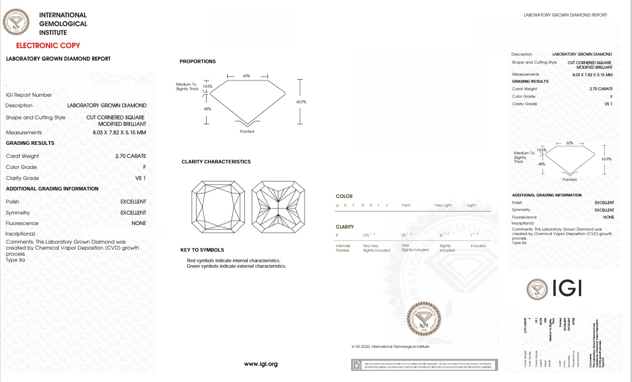 DRT56 - X-110-047 Radiant Diamond IGI Lab - Grown 2.7 Carat