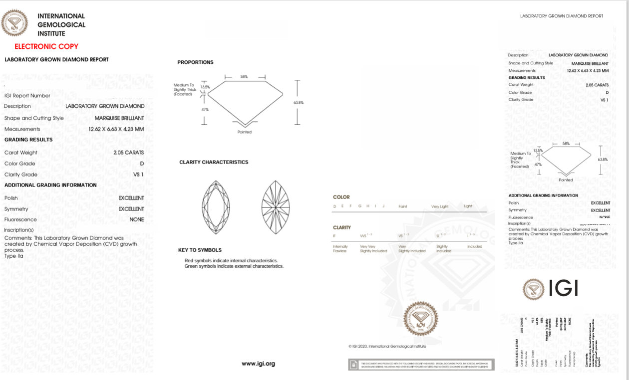 DME57 - X-107-307 Marquise Diamond IGI Lab-Grown 2.05 carat