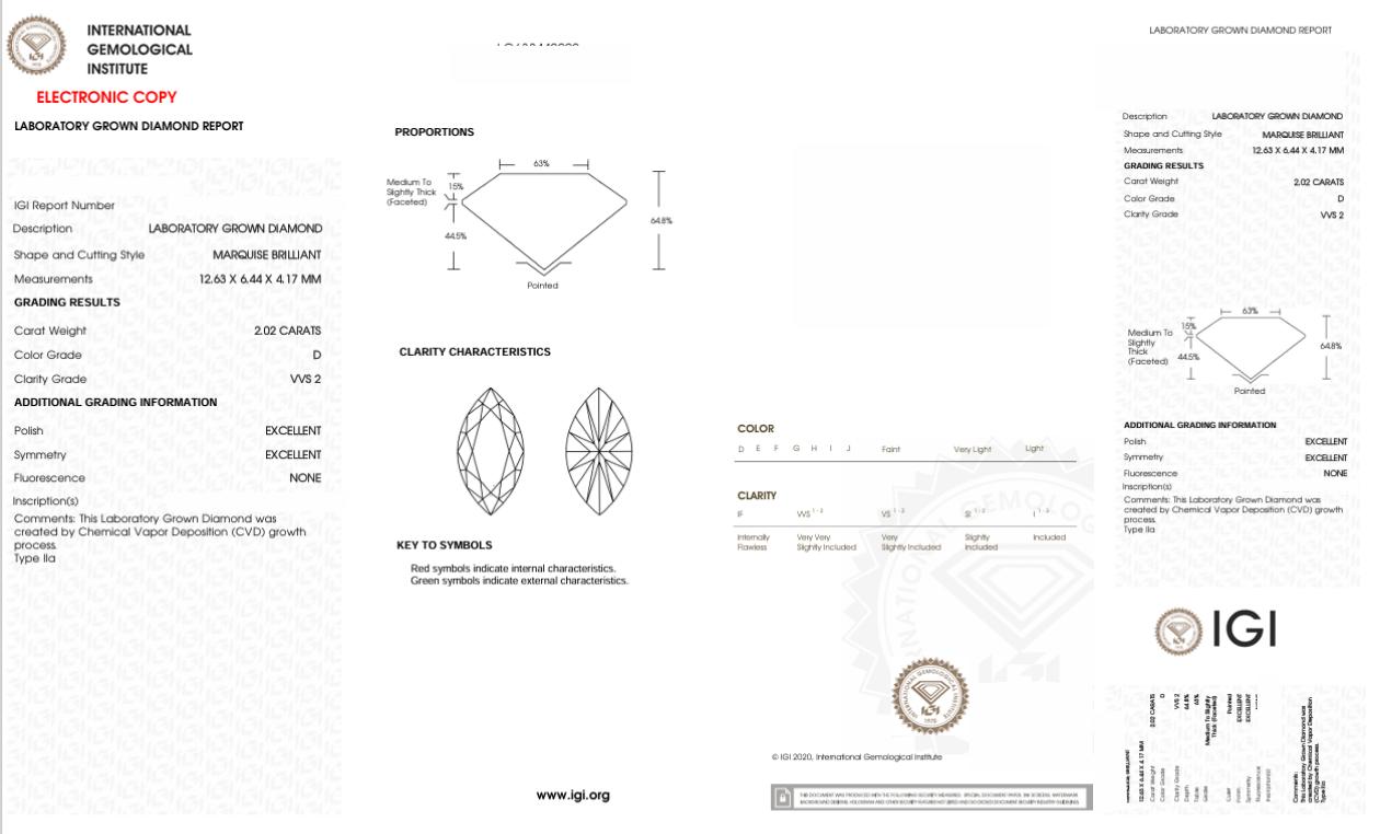 DME61 - 0092-J Marquise Diamond IGI Lab-Grown 2.02 carat