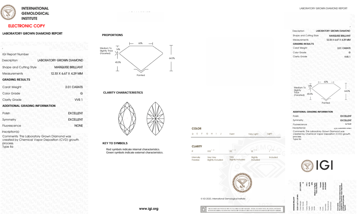 DME66 - X-108-129 Marquise Diamond IGI Lab-Grown 2.01 carat