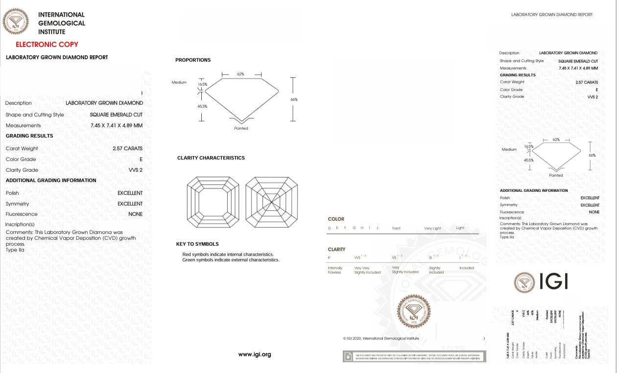 DAR66 - X-117-454 Asscher Diamond IGI Lab- Grown 2.57 Carat