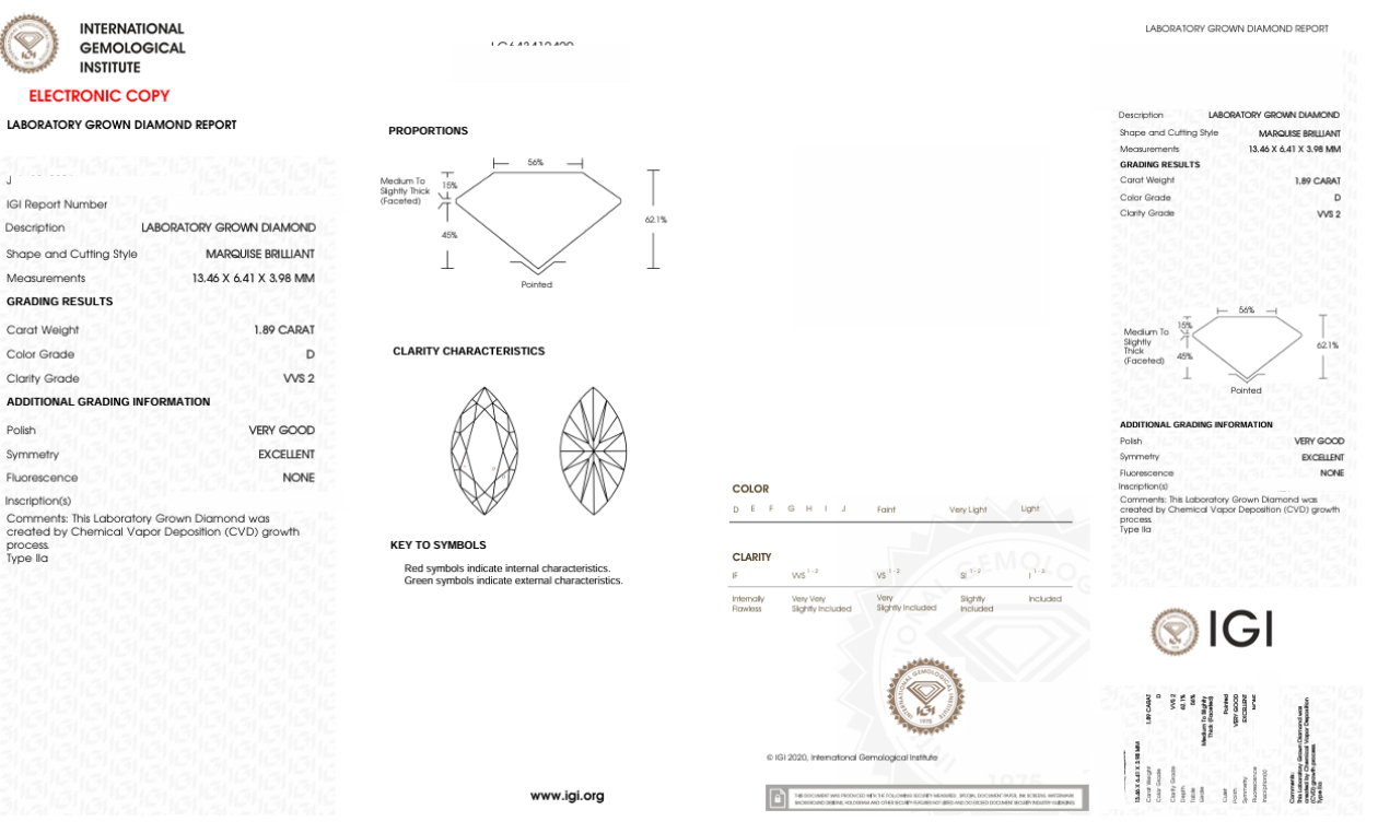 DME70 - 12429-J Marquise Diamond IGI Lab-Grown 1.89 carat