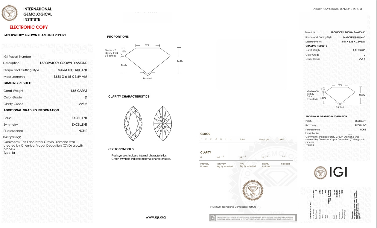DME72 - 93837-J Marquise Diamond IGI Lab-Grown 1.86 carat