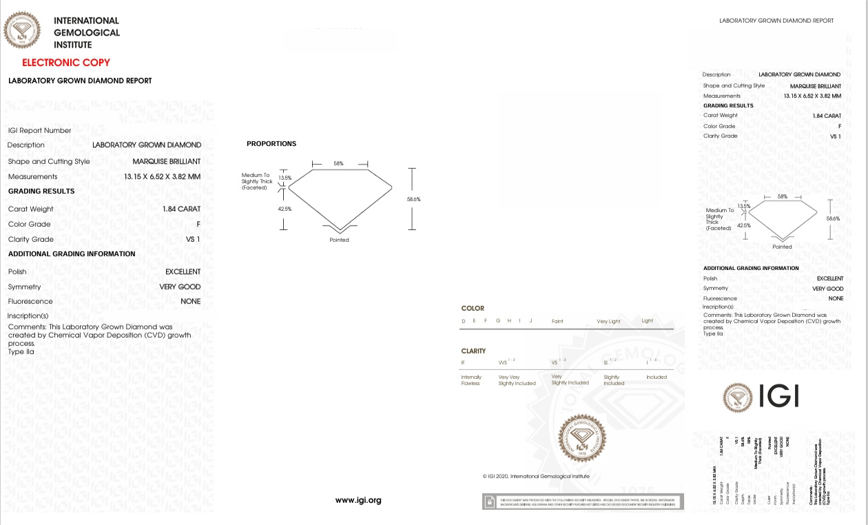 DME74 - X-107-078 Marquise Diamond IGI Lab-Grown 1.84 carat