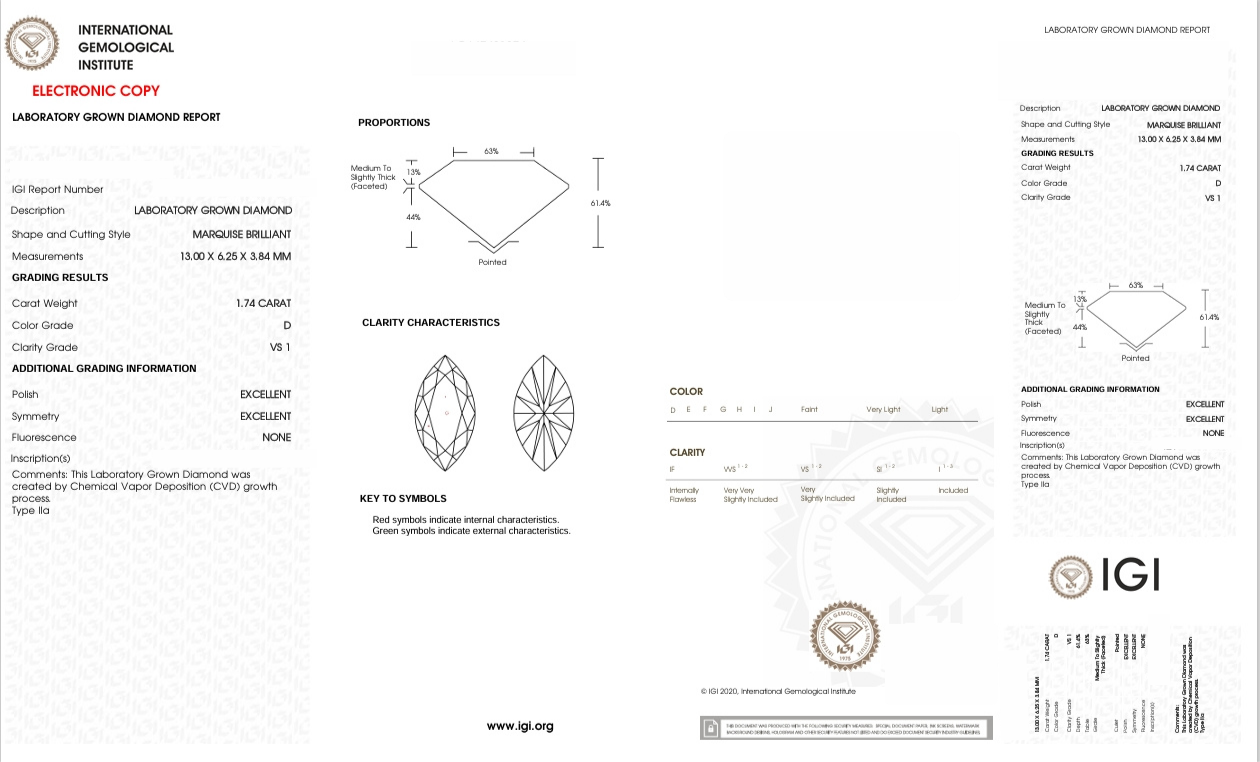 DME77 - 81374-J Marquise Diamond IGI Lab-Grown 1.74 carat