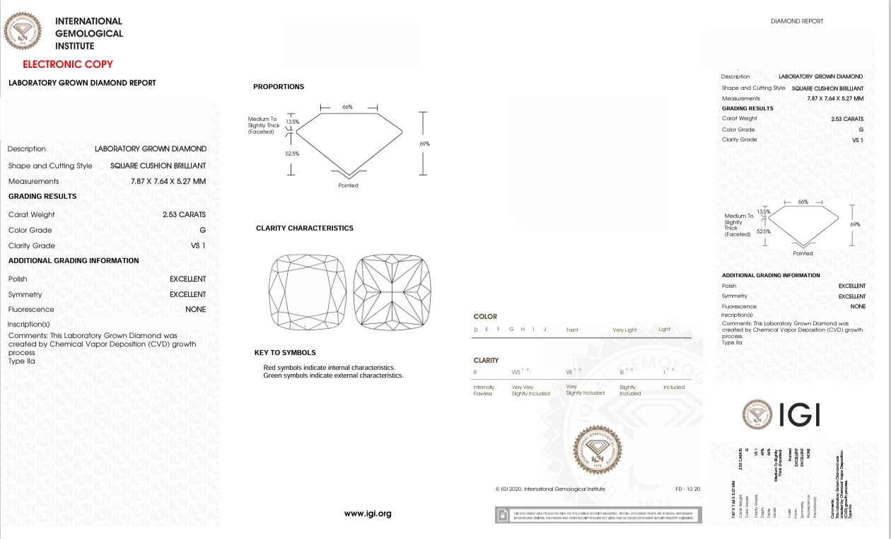 DCS79 - X-100-211 Cushion-S diamond IGI lab - Grown 2.53 Carat