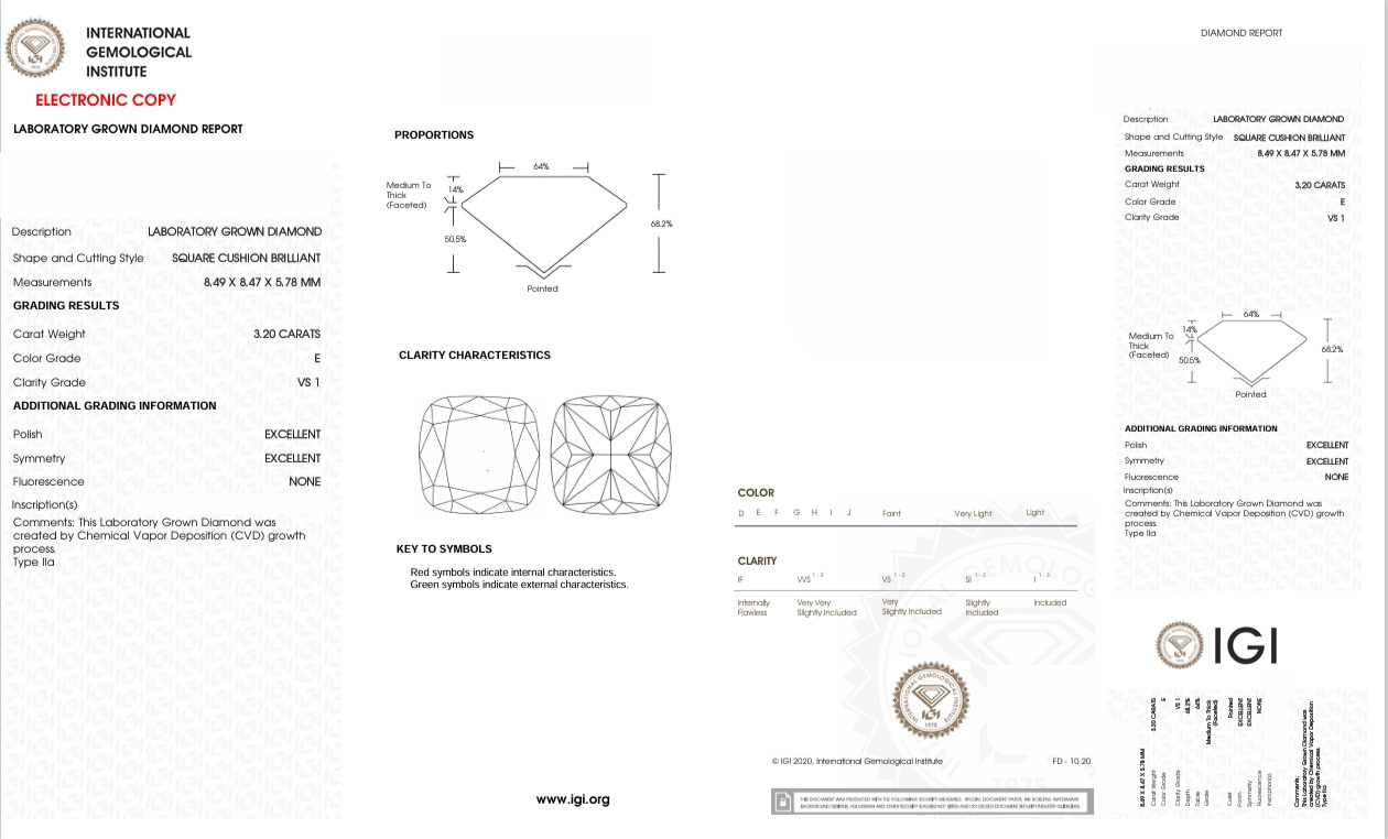 DCS7 - X-99-158 Cushion-S diamond IGI lab - Grown 3.2 Carat