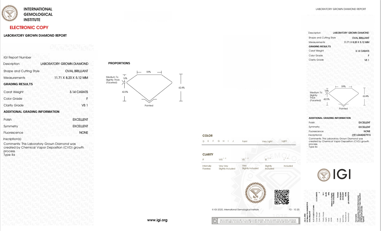 DOO7 - X-108-393 - Oval Diamond IGI - Lab Grown 3.14 Carat