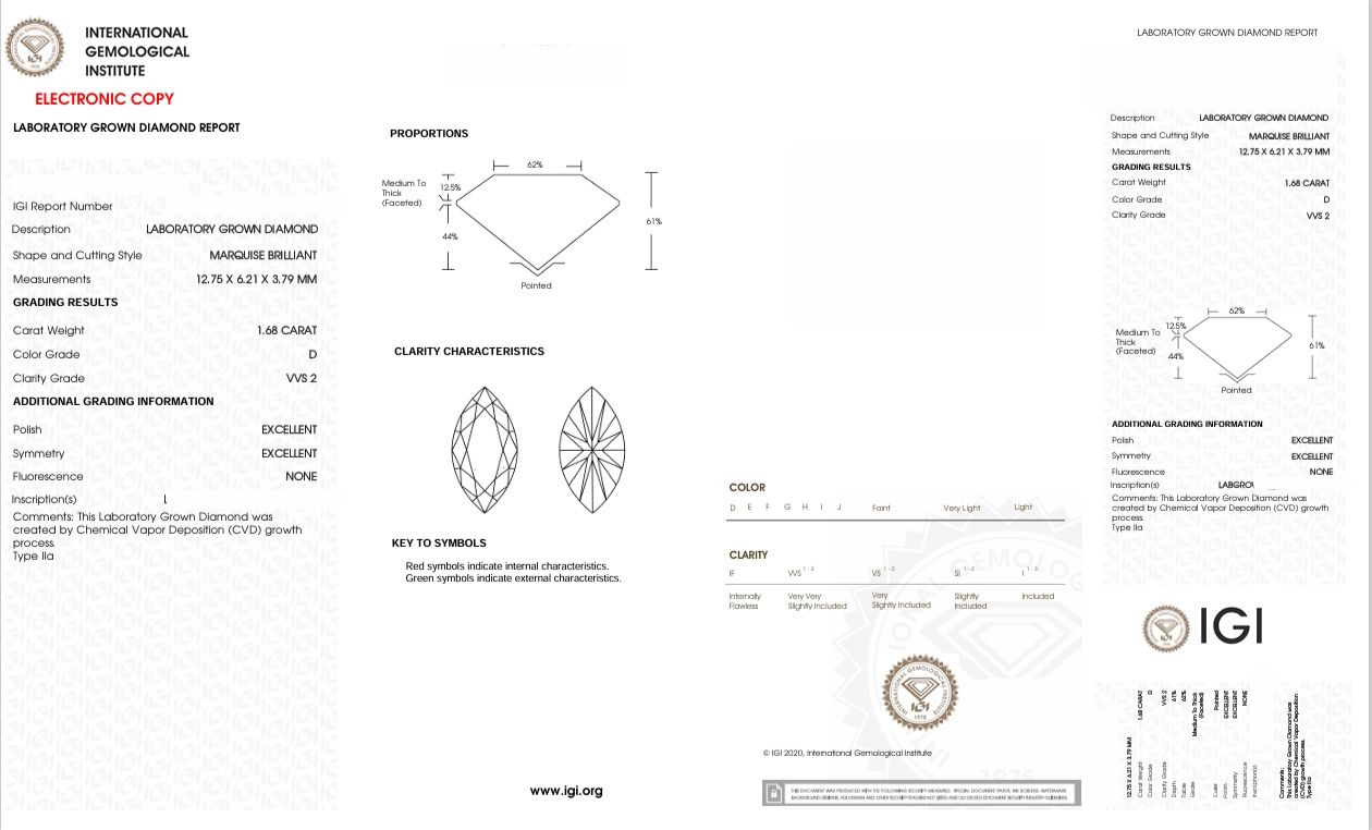 DME80 - 3243-J Marquise Diamond IGI Lab-Grown 1.68 carat