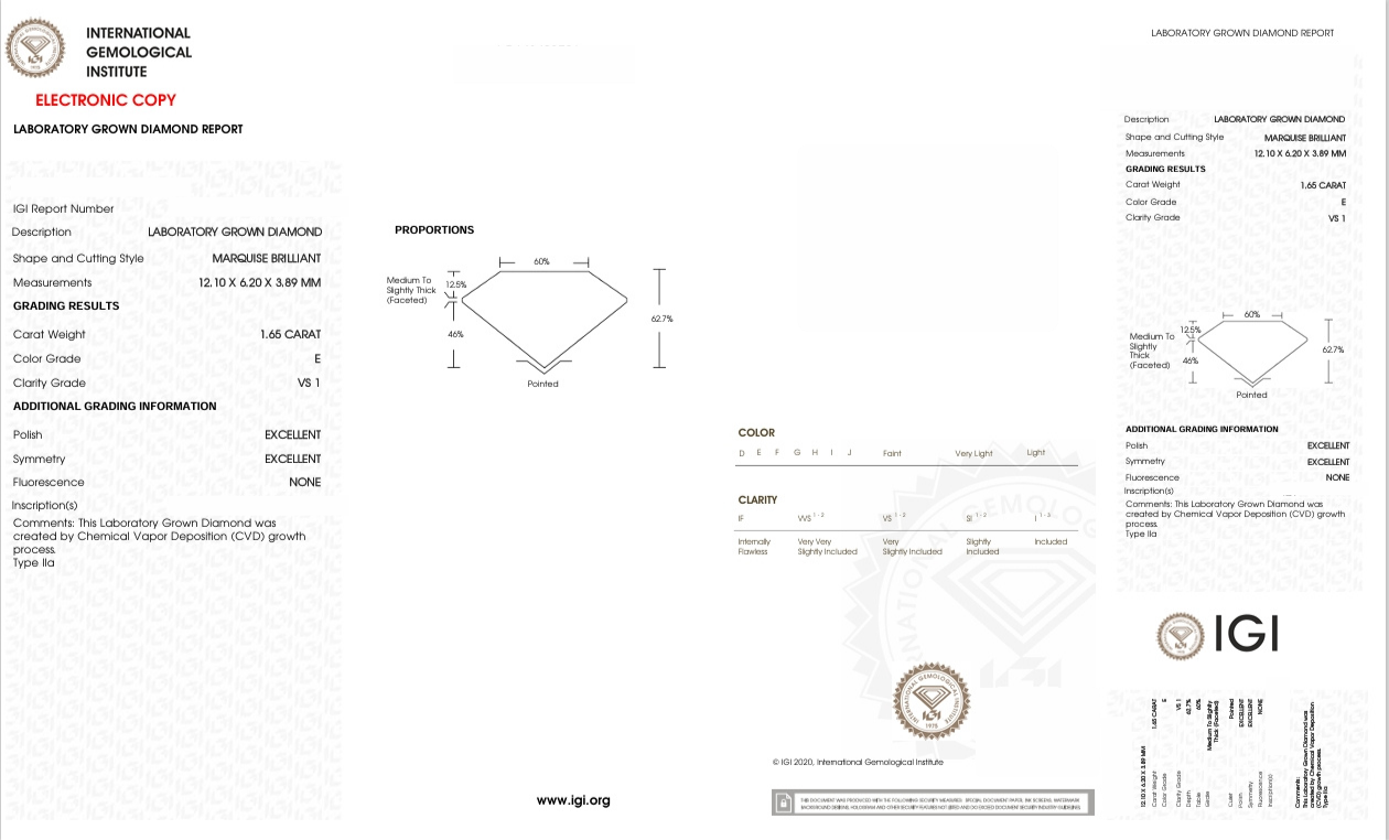 DME81 - X-105-133 Marquise Diamond IGI Lab-Grown 1.65 carat