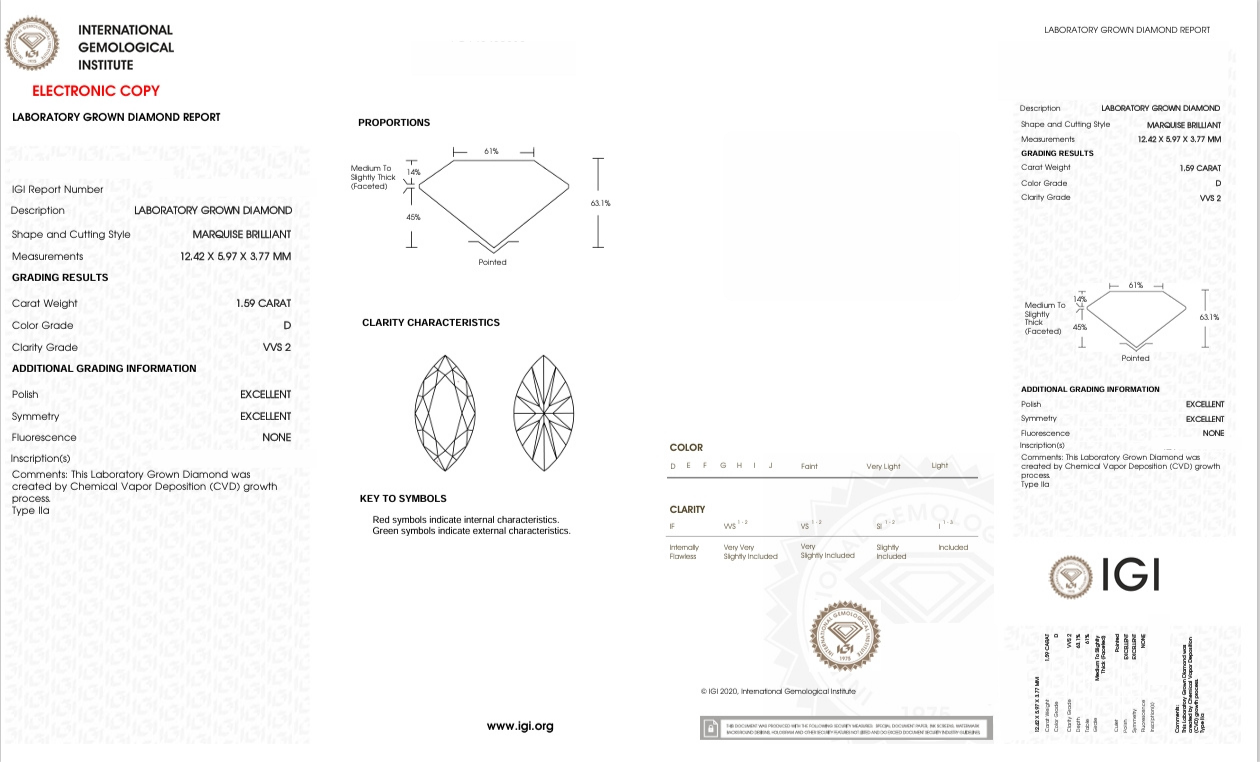 DME82 - 89810-J Marquise Diamond IGI Lab-Grown 1.59 carat