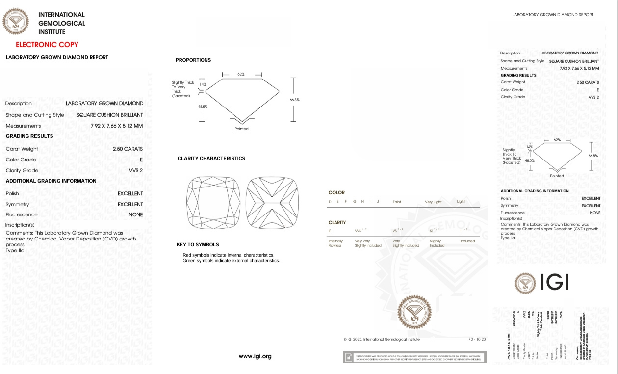 DCS91 - X-103-195 Cushion-S diamond IGI lab - Grown 2.5 Carat