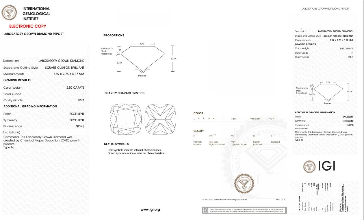 DCS93 - X-104-166 Cushion-S diamond IGI lab - Grown 2.5 Carat