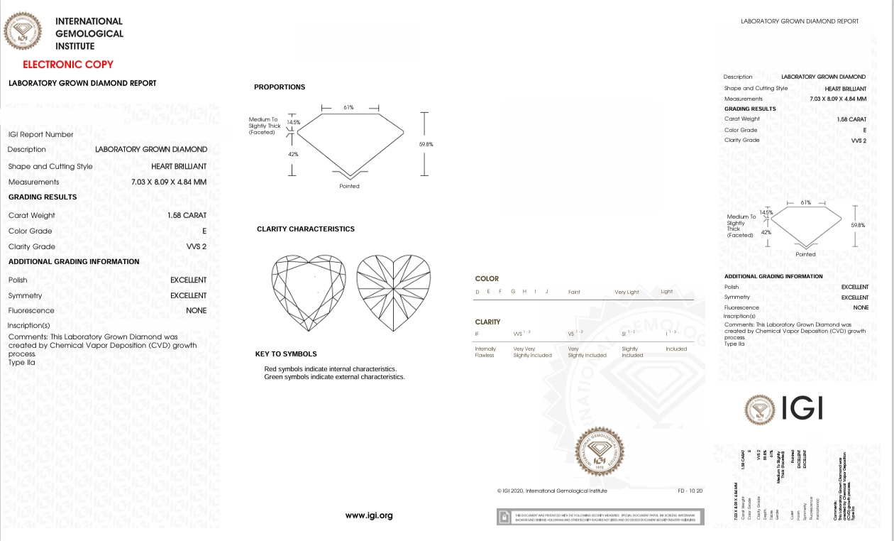 DHT97 - X-106-238 Heart Diamond IGI Lab- Grown 1.58 Carat