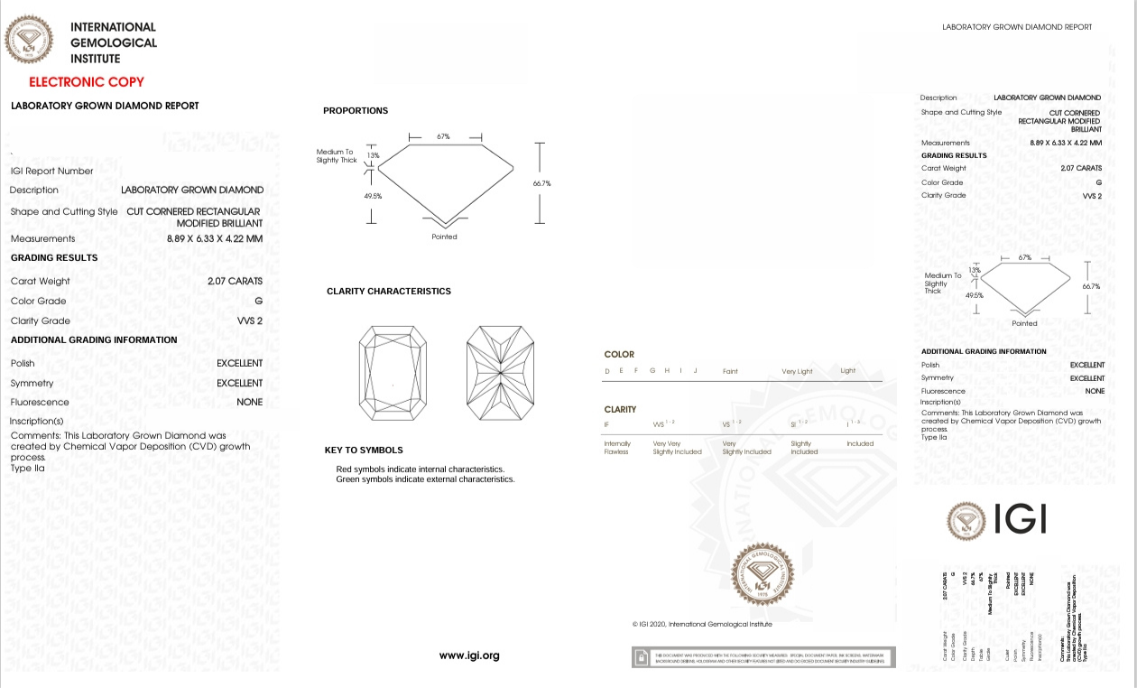 DRT96 - X-105-489 Radiant Diamond IGI Lab - Grown 2.07 Carat