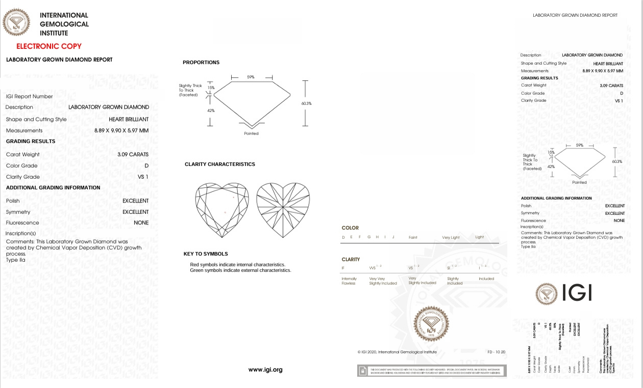 DHT9 - X-115-364 Heart Diamond IGI Lab- Grown 3.09 Carat
