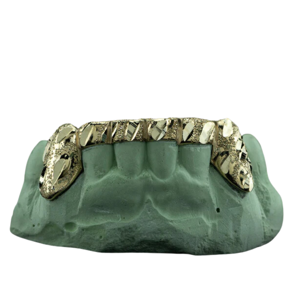 DD63 Solid Gold 6 Teeth Nugget Cut With Connecting Bridge Grillz Bar
