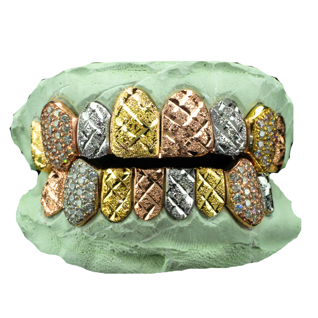 DD65 Tri-Color Diamond Cut & Diamond Dust with Iced Fangs Grillz