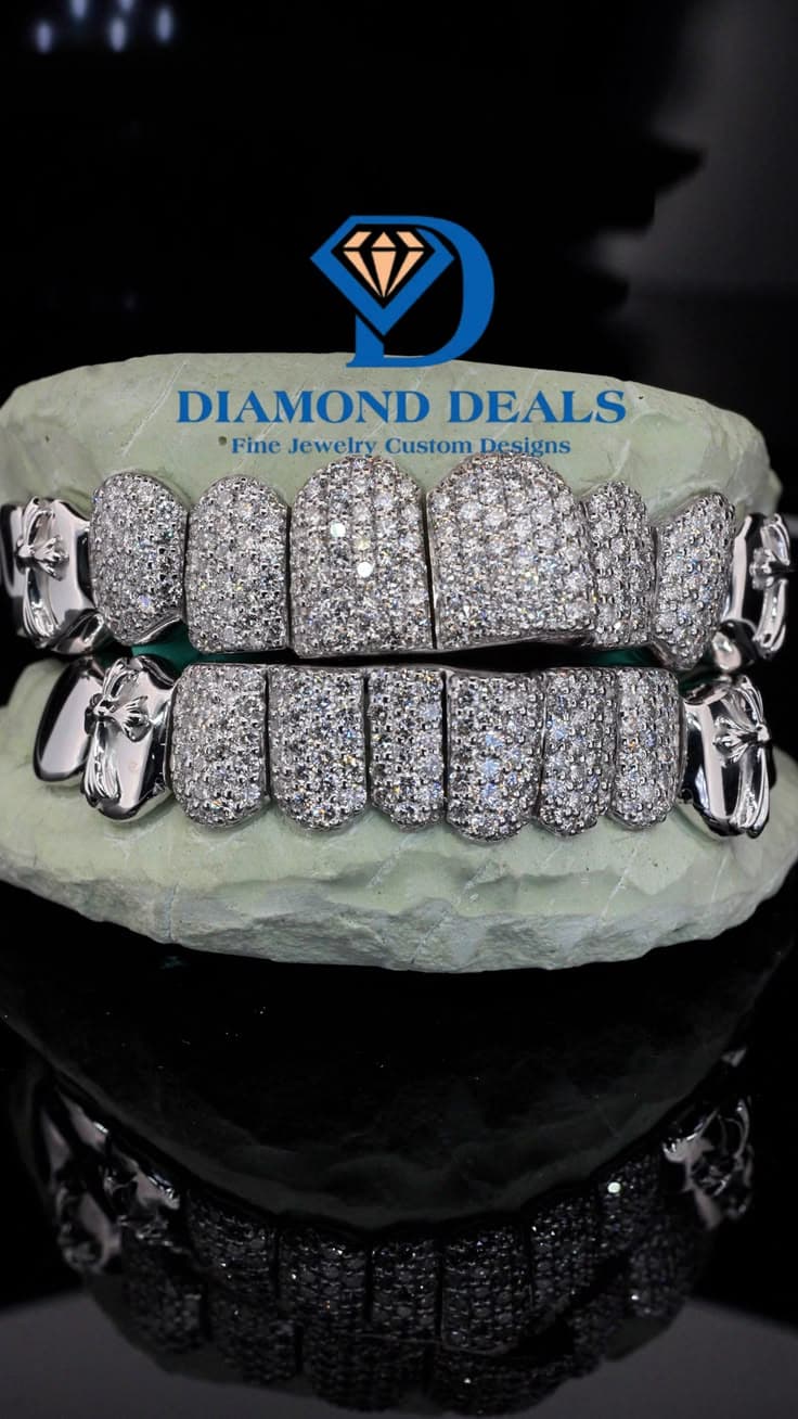 10 Top 10 Bottom Fully Iced Solid Gold Grillz with Custom Cross Side Caps