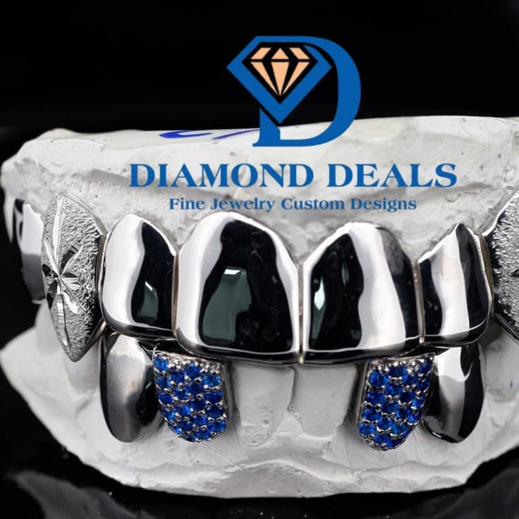 8 Top 4 Bottom Solid with Blue Pavé Accent Teeth & Engraved Shield Side Caps