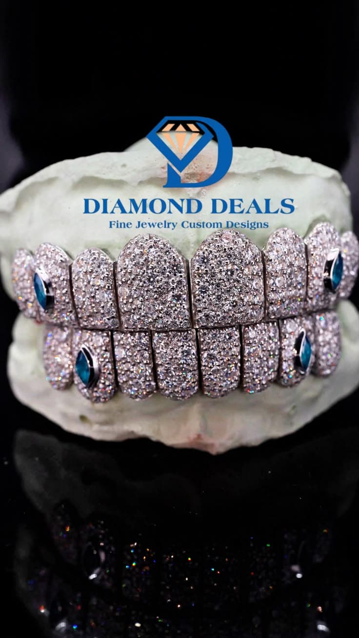 8 Top 8 Bottom Full Honeycomb Grillz with Blue Marquise Stones